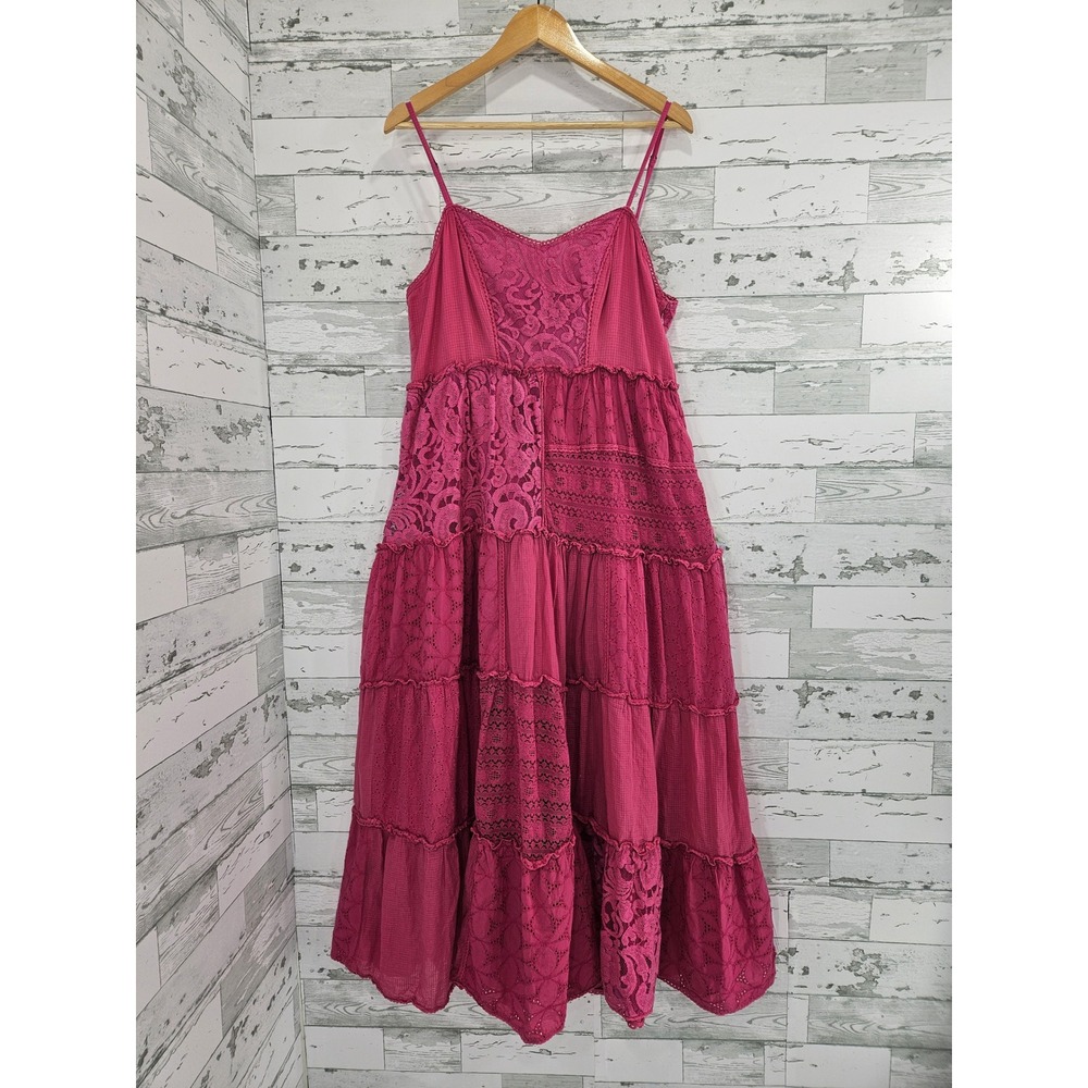 Bhanuni by Jyoti Magenta Pink Lace Patchwork Tiered Midi Dress LP Boho Eyelet